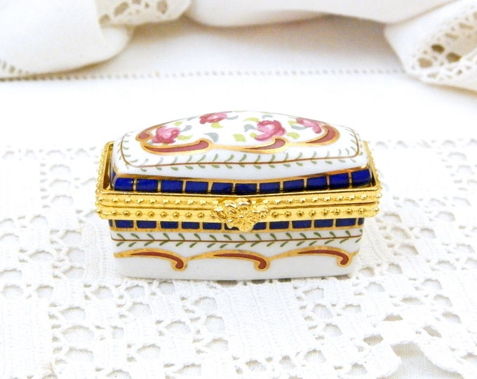 Small Vintage French Hand Painted Porcelain Pill Box with Floral Pattern, Tiny Hinged Rectangular Ceramic / China and Metal Box from France