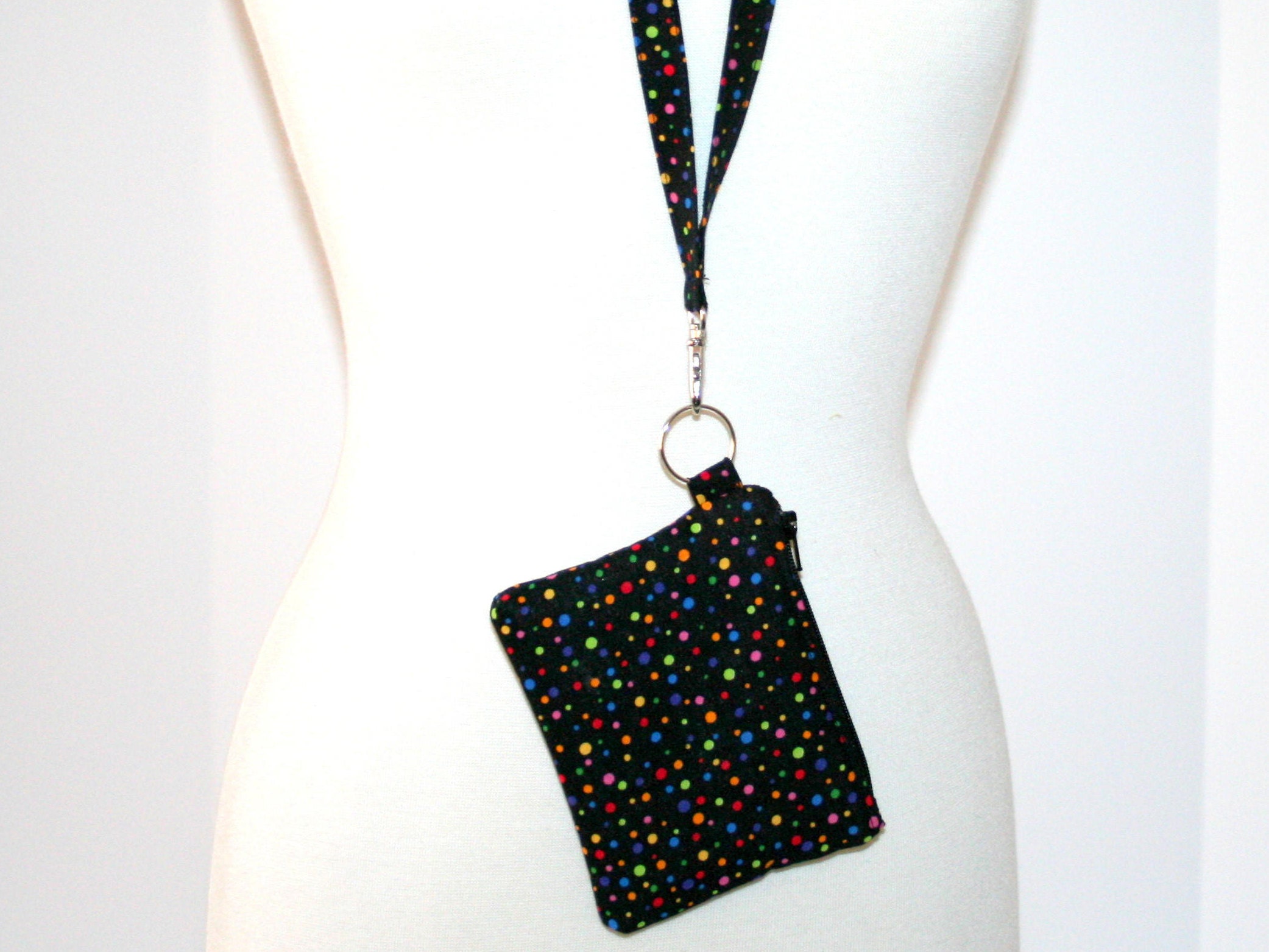 Coin Lanyard Bag Multi Dots on Black Coin Bag Detachable