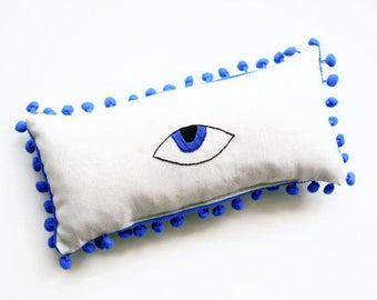 Evil Eye Pillow - Evil Eye Decor - Mini Lumbar Pillow - Housewarming gifts - Hand Embroidered Lumbar Pillow - 30X15 cm (11.8"X5.9")