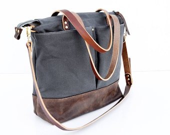 Diaper Bag Backpack / Leather and waxed canvas Unisex Diaper Backpack / Tote Bag / Crossbody bag - Dark Grey waxed canvas and brown leather