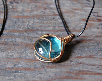 Wire Wrapped Jewelry, Wire Wrapped Pendant, Wire Wrapped Necklace, Glass Gem Pendant, Blue Gem Necklace, Aqua Necklace, Magnetic Necklace