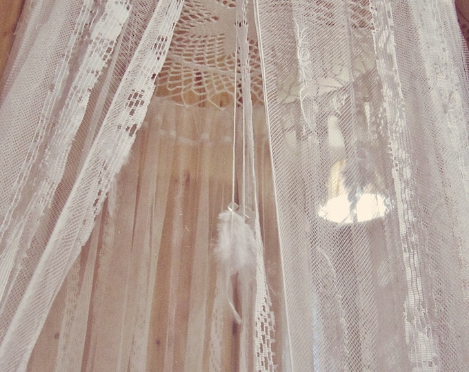Crib Canopy with Mosquito Net - Boho Crib Baldachin - Bohemian Bed Crown - Boho Nursery Decor - Bed Tent - White Lace Canopy