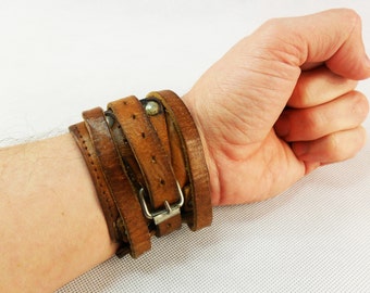 Vintage Genuine Leather Cuff Bracelet Chunky Brown Wide Mens Bracelet Womens Bracelet Sports bracelet Wristwrap Heavy Metal Punk Rock 70s