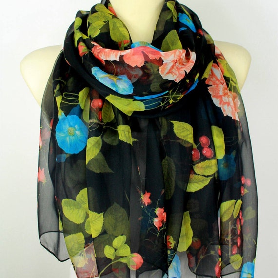 Floral Silk Scarf Printed Chiffon Scarf Birthday Gift Women Gift for her Summer Outdoors Summer Party Womens Summer Accessories Large Size
