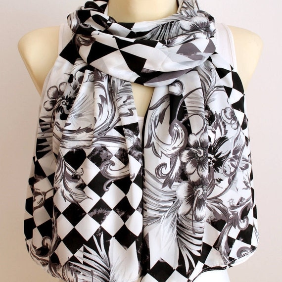White Fashion Scarf Boho Women Scarf Unique Fabric Scarf Satin Scarf Large White Scarf Geometric Scarf Summer Outdoors Summer Party Mum Gift