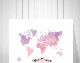 Wedding World Map Guest Book, Bride and Groom Gift, Wedding Anniversary Gift, Watercolor Push Pin Map Guest Book, Foam Board Map - 52077