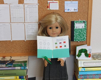 Accurate AG scale! School Supply Accessories Set American Girl 18 inch Dolls Mini Worksheet Award Chore Chart Math Logan Everett Eric Carle