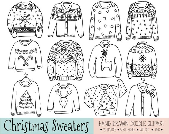 50% OFF SALE. Ugly Christmas Sweater Clipart. Hand Drawn Tacky