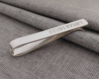 Latitude longitude Tie Clip,Engraved Coordinates Tie Clip,Sterling Silver Wedding Tie Bar,Tie Clip Personalize,Custom Groomsmen Tie Clip,