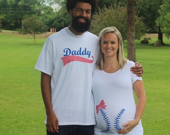 Baseball or Bows Gender Reveal Maternity Shirt and Daddy Tshirt Set, Baseball maternity shirt, funny maternity, team pink or blue