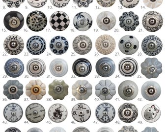 Vintage Style Ceramic Cupboard Door Knobs | Black, White & Grey Kitchen Cabinet Knobs | Drawer Pulls | Dresser Handles