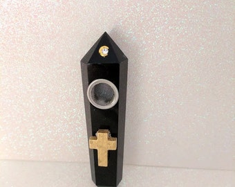 Gold Cross Black Quartz Crystal Wand Smoking Pipe, Quartz Pipe, Smoking Pipe, Crystal Pipe, Crystal Quartz, Gemstone Pipe