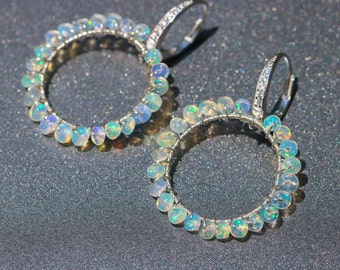 Ethiopian Opal Earrings, Ethiopian Opal Hoop Earrings Silver Welo Opal Wire Wrapped Hoops Opal Small Hoops Sterling Silver Gemstone Earrings