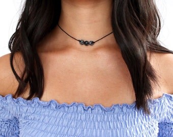 triple black obsidian marble snowflake beaded choker necklace - obsidian snowflake beads, black cord, minimal, modern, delicate, dainty