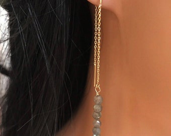 Labradorite Earrings Minimalist Jewelry Long Minimal Chain Earrings Gemstone Beaded Earrings Threader Earrings Labradorite Dangle Earrings