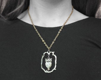 Vintage Owl Pendant Silver Tone Necklace 18" Long
