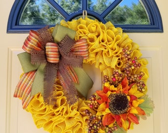 Sunflower Wreath~Burlap Sunflower Wreath~Yellow Burlap Wreath~Multi-Color Sunflower Wreath~Fall Sunflower Wreath~Rustic and Elegant Wreath