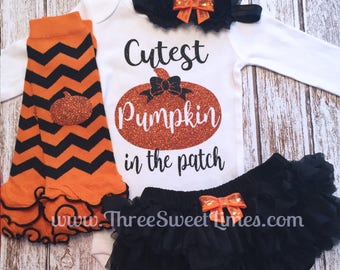 Baby Girl Halloween Outfit Cutest Pumpkin in the Patch Personalized | Opt Leg Warmers Headband Tutu Bloomers Orange Black Chevron Glitter