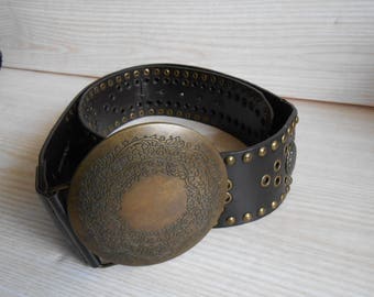 Vintage Black Tooled Leather Belt, 70s Tooled Leather Belt, Women's Leather Belt