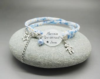 bracelet bleu liberty cabochon "Marraine qui déchire + prénom" bleu garçon - cadeau personnalisable - godmother madrina