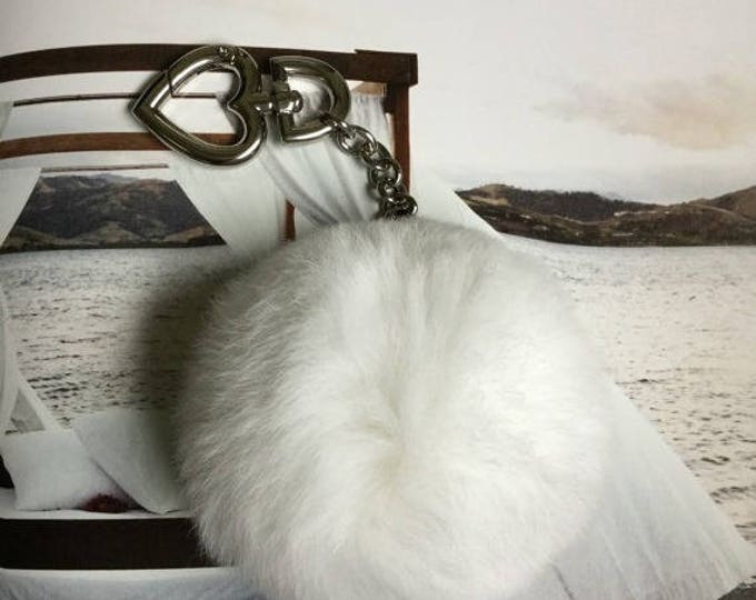 White pompom keychain REX Rabbit fur pom pom ball with heart buckle clasp