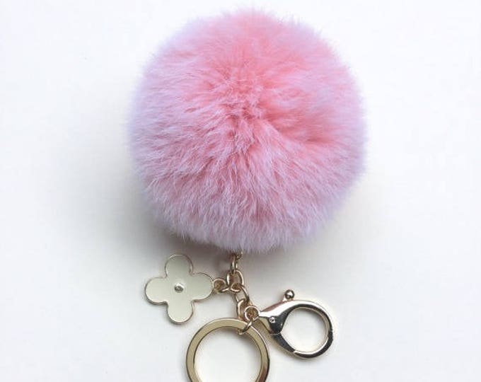 Light pink Frost fur pom pom keychain REX Rabbit fur pom pom ball with flower bag charm
