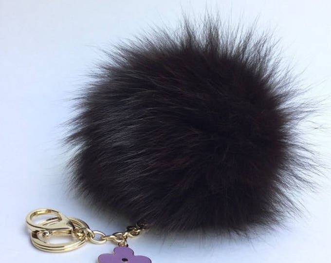 Dark Brown Pompon bag charm pendant Fur Pom Pom keychain with flower charm