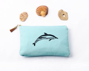 Hand printed cotton canvas clutch: Striped dolphins