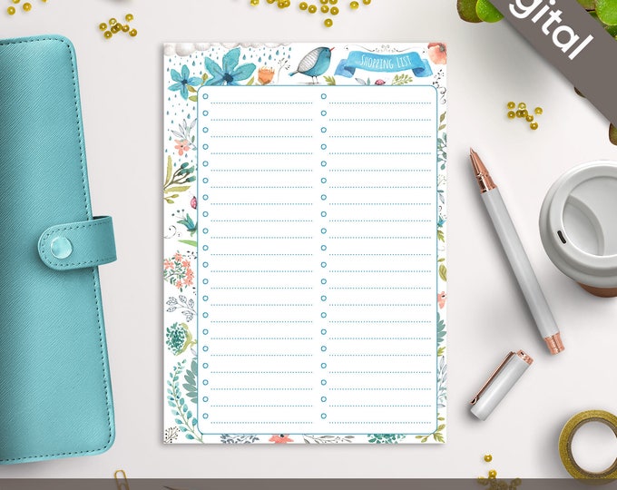 A5 Shopping List Printable, Filofax A5 printable refills, Grocery Shopping printable, Arinne Blue Bird DIY Planner PDF Instant Download