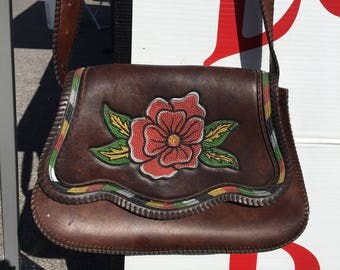 Hand Painted Saddle Bag-Vintage Hand Painted Saddle Bag-Stamped Vintage Purse-Shoulder Bag-70s-Painted Rose Purse