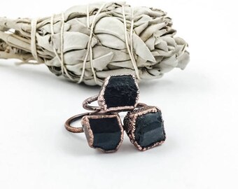 ON SALE Black Tourmaline Ring | Rough Black Tourmaline | Raw Black Tourmaline Ring | Electroform Rings | Crystal Ring | Stone Ring | Aged Co