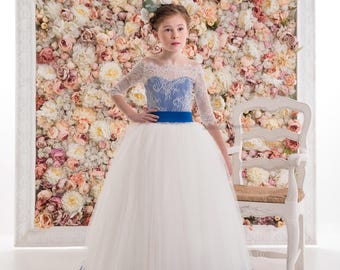 White Navy Flower Girl Dress -- White Navy Floor Length Tulle Dress