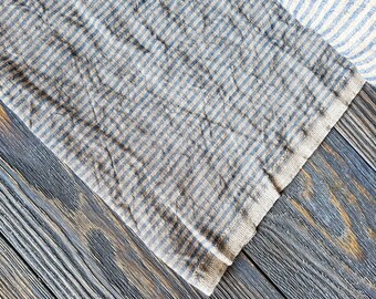 Washed blue striped linen fabric by the meter, tissu au metre flax fabric with stripes, striped stonewashed linen fabric by the yard 200GSM