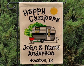 Ready to Ship, Happy Campers Personalized Garden Flag or Wall Hanging, Campsite Flag, RV Gift, RV Camp Sign, Stand not included