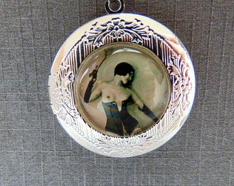 Mature Silver Open Locket Vintage 1920 / 30's Art Image of a Mistress Whip Topless in a Black Corset on Silver Chain Necklace BDSM Gift UK