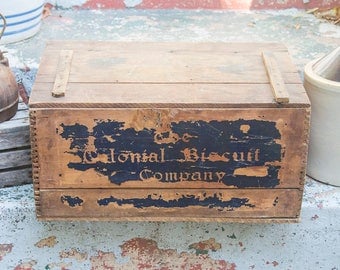 Large Wooden Crate, Rustic Home Decor, Antique Colonial Biscuit Company Advertising Crate LANCASTER PA Kirchiner & Son Vintage Dovetail Box