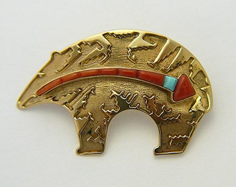 Vintage 14k Navajo Bear Pin, Signed D. Clark, Turquoise and Coral Native Brooch