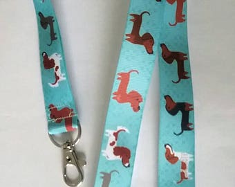 Blue sausage dog Dachshund daxi ribbon Lanyard whistle ID badge holder breakaway fastener swivel lobster clasp handmade birthday gift