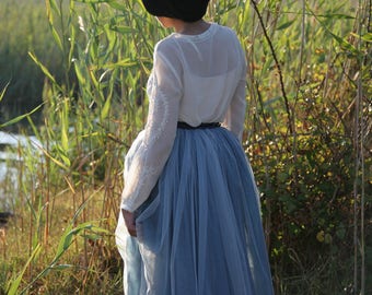 PHK-I1E705 BLUE FLORAL TULLE SKIRT main image 1