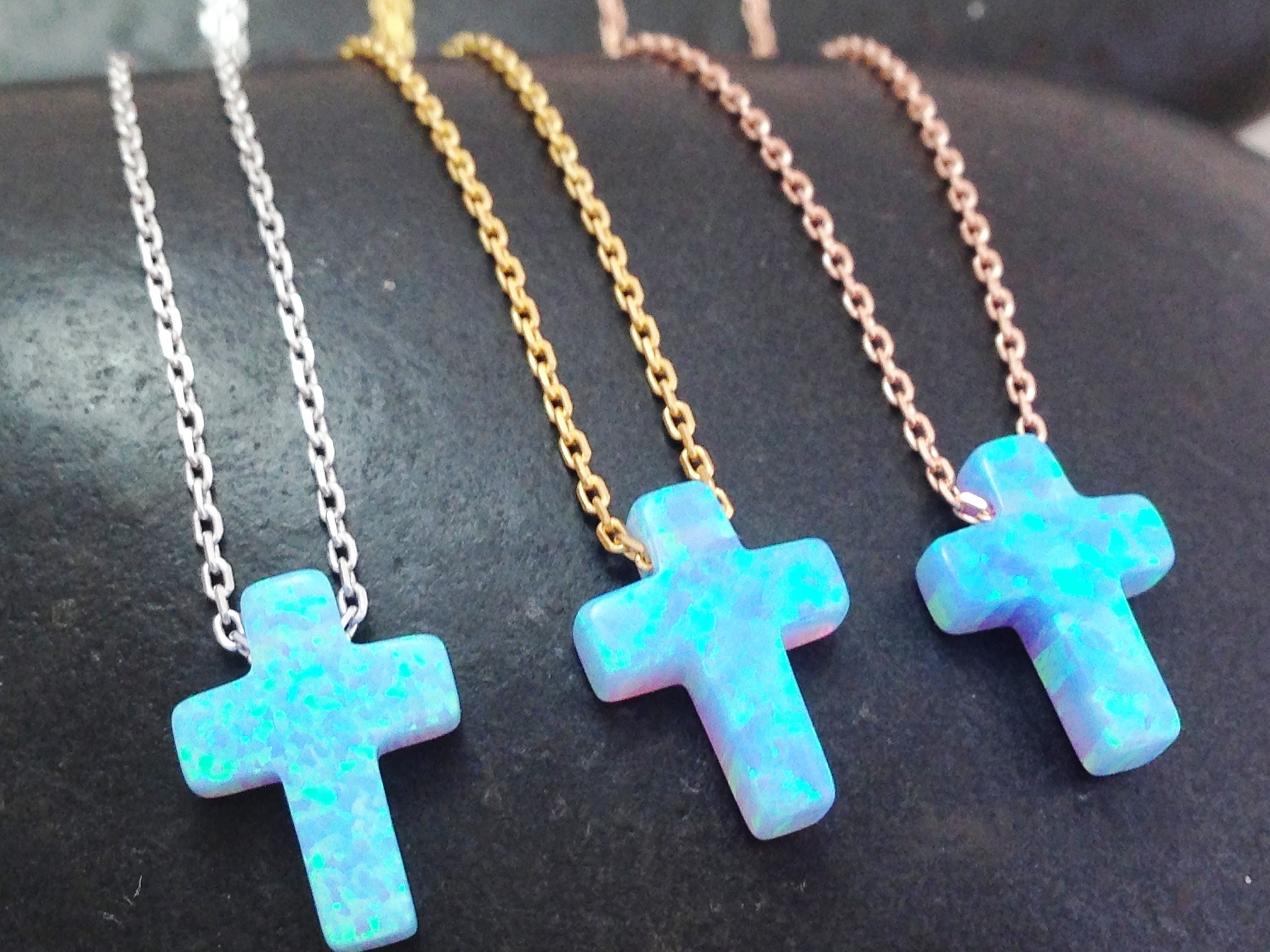 Blue Opal Cross Necklace Opal Cross Silver Necklace Yellow