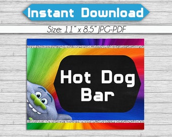50% OFF SALE Trolls Birthday Party Sign, Hot Dog Bar , Trolls favors Sign, 8.5 x 11 INSTANT Download