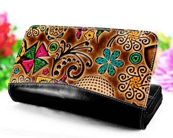 Wallet women, zipper wallet, clutch wallet, leather womens wallets embossed and handpainted with birds butterflys and flowers D