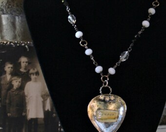 Heart necklace silver Assemblage necklace Love jewelry Paris heart necklace Rhinestone heart handmade jewellery Winton Rose Necklace charms