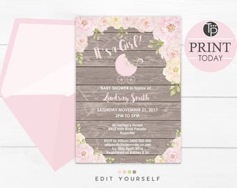 Baby Girl Shower INVITATIONS, Instant Download, Floral Baby Shower Invitation, Shower invitations, Rustic Baby Shower Invitation, Editable