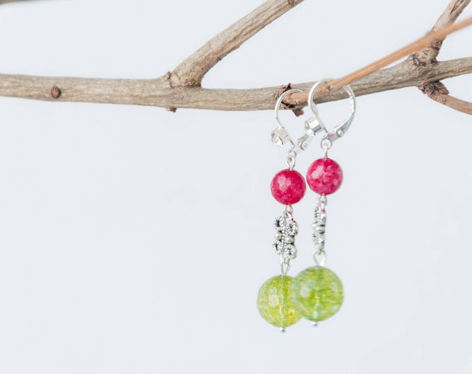 Green quartz earrings, Pink agate earrings, Red agate earrings, Red and green earrings, Clear quartz earrings