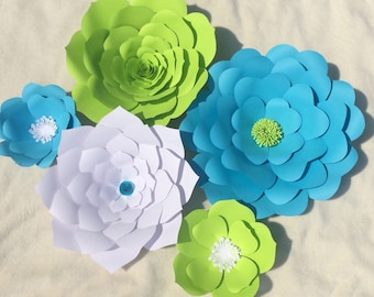 Set of 5 extra large and small paper flowers, customized with your color choice, backdrop flowers for cake table, wall art, party decor