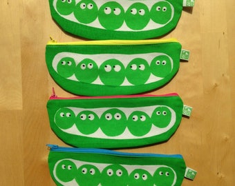 Pea pod pencil case, make up bag, zip pouch hand screen-printed