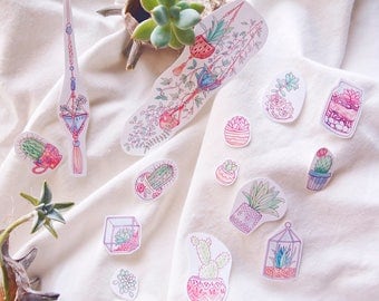 Succulents Sticker Flakes | Cactus and Succulent Garden Watercolor Stickers, Hand-Drawn Sticker Art, Cute Nature & Plants DIY Stickers