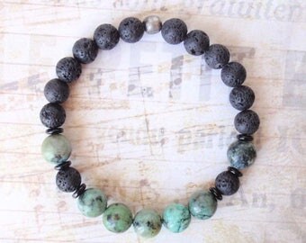 Mens Beaded Bracelet, Stretch Bracelet, Hipster Bracelet, Turquoise Bracelet, Black Lava Stone, Ealstic Bracelet, Bohemian Bracelet, Boho