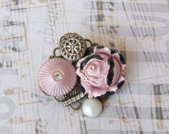 Vintage Brooch, Retro Shabby Chic, Flower Brooch, Plastic Button, Ceramic Flower Cabochon, Wedding Jewelry, Coworker Gift Idea, Handmade